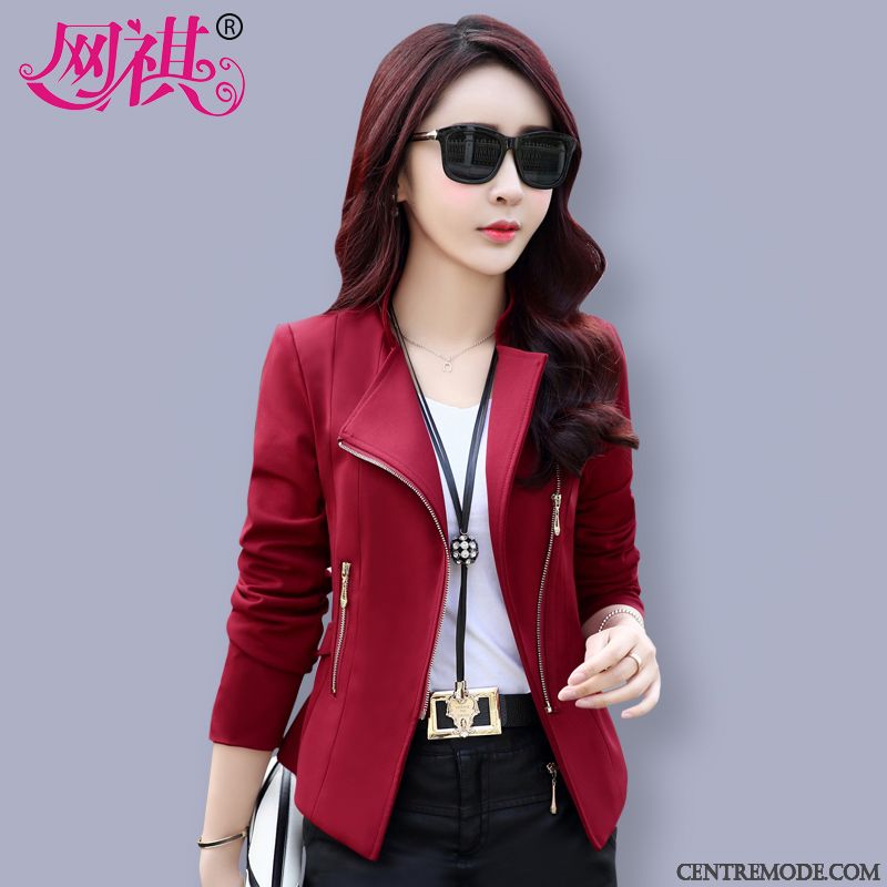 Blazer En Cuir Courte Bordeaux Chocolat, Blazer Rouge Femme Hiver Pas Cher Soldes