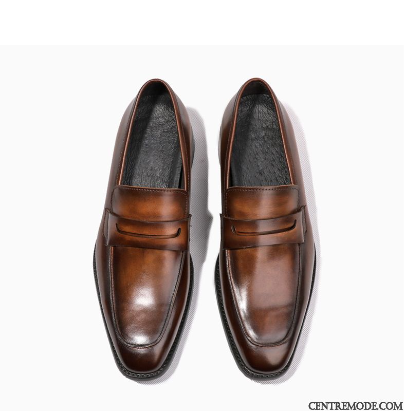 Derbies Homme Tous Les Assortis Tête Carrée Printemps Mocassin Costume Formel Cuir Véritable Brun Foncé