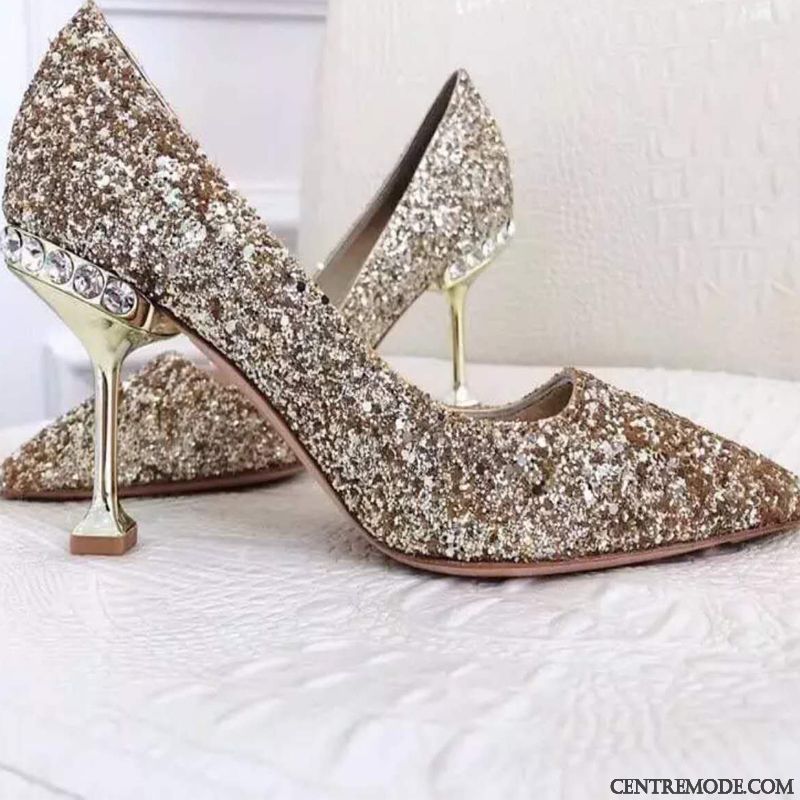 Escarpins Femme Pointe Pointue Printemps Minces Imitation Strass Derbies Cristal Argent Gris