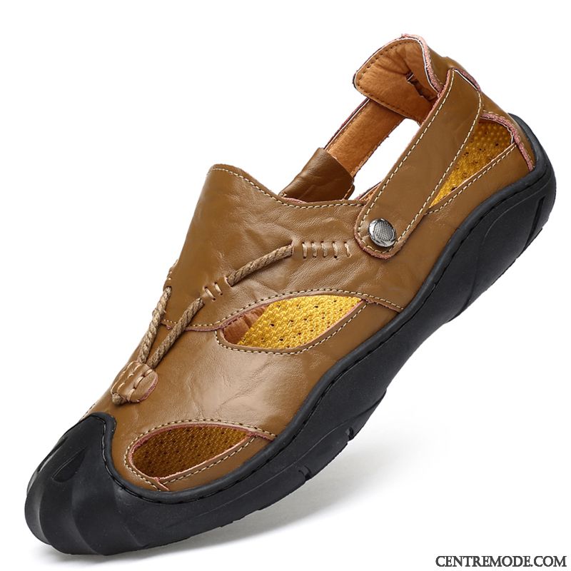 Sandales Homme Cuir De Plein Air Décontractée Respirant Été Cuir Véritable Jaune Marron