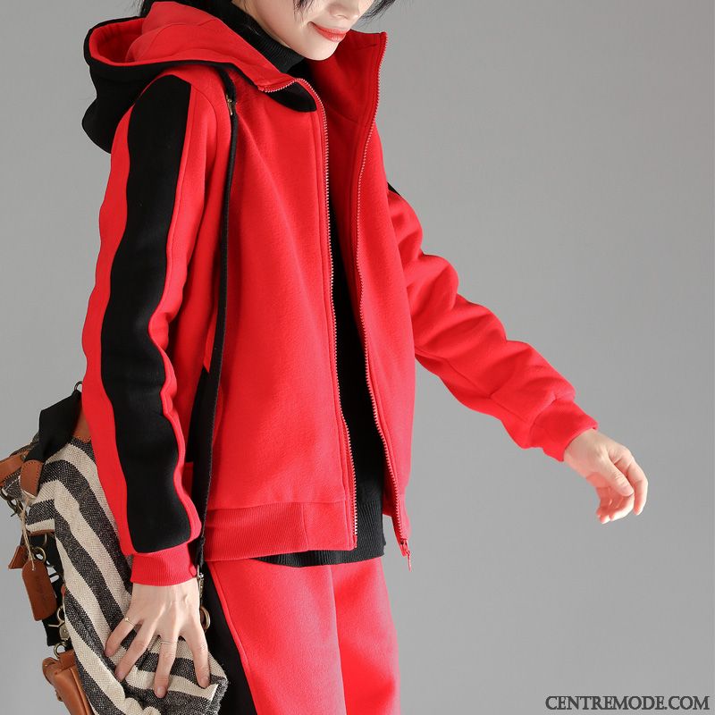 Sweat À Capuche Femme Manteau Grande Taille Coton Bio Vêtements De Baseball Hiver Plus De Velours Rouge